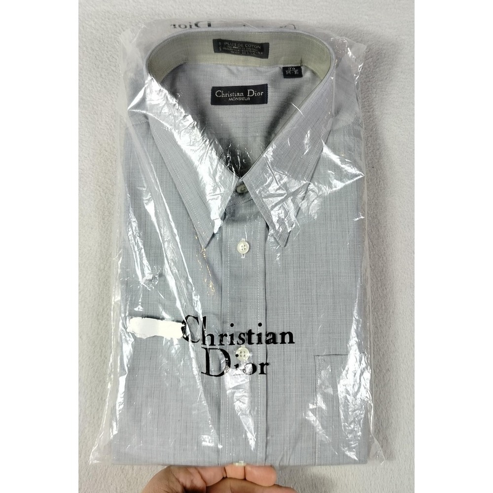 Vintage Christian Dior Monsieur Dress Shirt Mens‎ 17.5 34/35 Gray Check Business